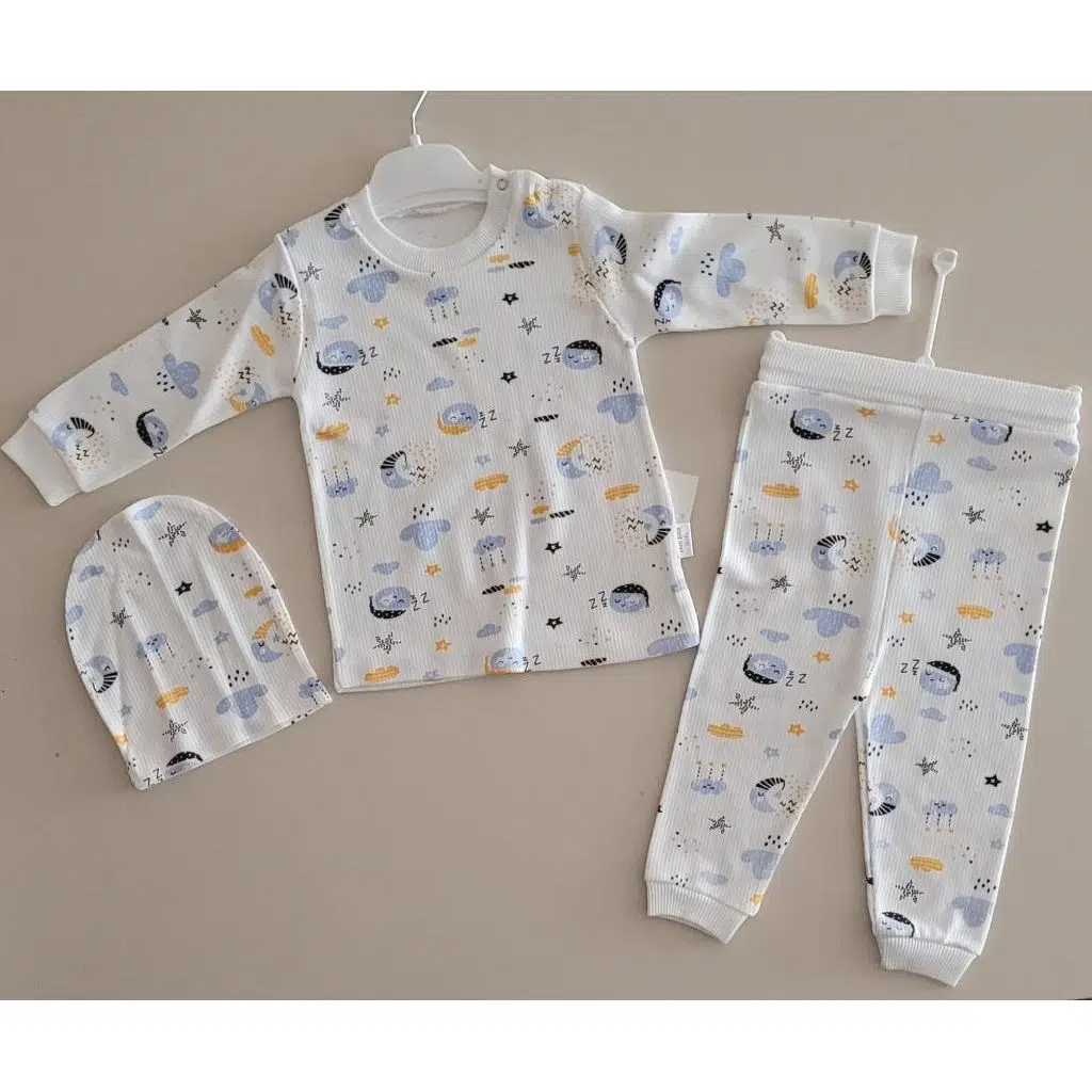 Okan Bebe %100 Pamuk Uykucu Gökyüzü Baskılı 3`lü Takım OKN-006 - Mavi