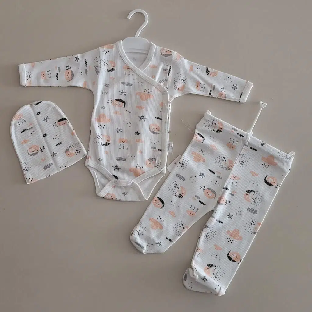 Okan Bebe %100 Pamuk Uykucu Gökyüzü Baskılı 3`lü Zıbın Set OKN-012 - Turuncu