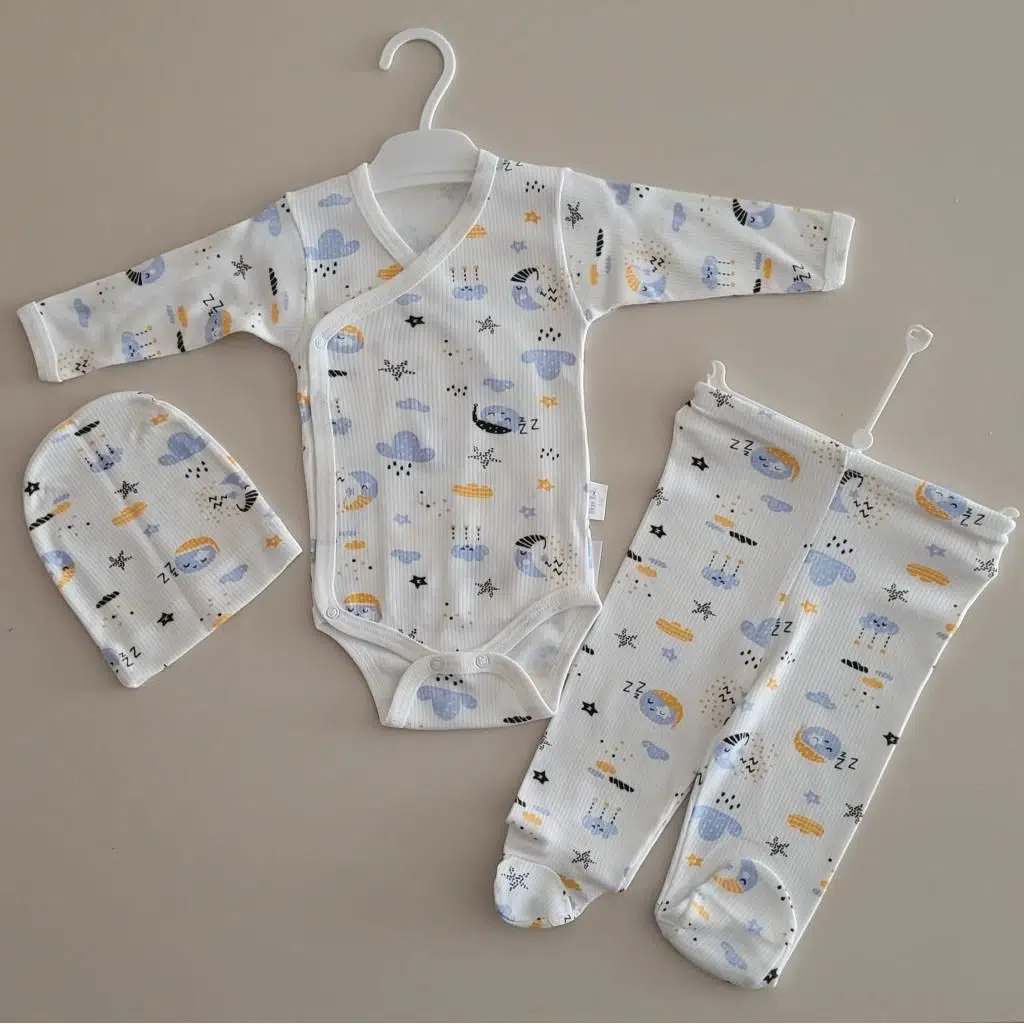 Okan Bebe %100 Pamuk Uykucu Gökyüzü Baskılı 3`lü Zıbın Set OKN-012 - Mavi